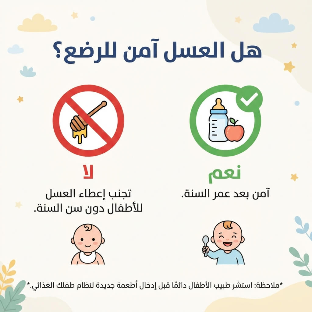 بعد إتمام السنة الأولى: يصبح الجهاز الهضمي للطفل أكثر نضجًا وقادرًا على التعامل مع هذه البكتيريا، وعندها يمكن إدخال العسل تدريجيًا وبكميات قليلة جدًا بعد استشارة طبيب الأطفال.